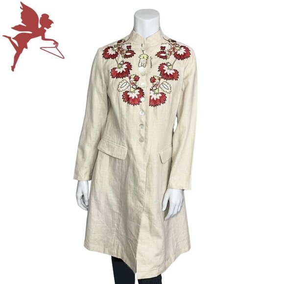 BLOOMINGDALES Embroidered Long Linen Button Front Nehru Jacket - Picture 1 of 8